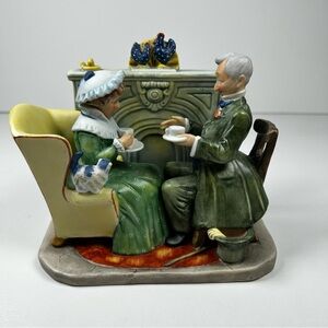 Gorham Norman Rockwell's "Vintage Times" Old Couple Having Tea Figurine W/cat